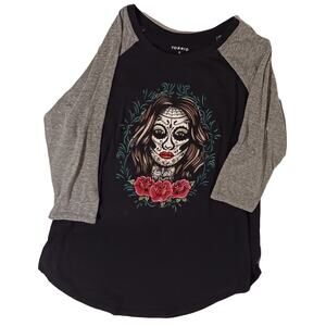Torrid Classic Fit Day of the Dead Ladies Sz 0 Black 3/4 Sleeve Raglan T-Shirt